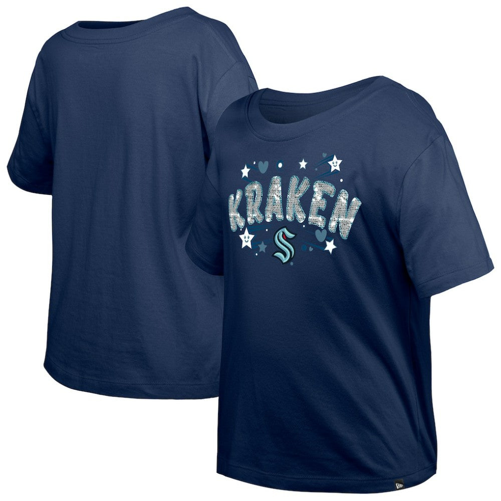 Seattle Kraken New Era Girl's Youth Flip Sequin T-Shirt - Deep Sea Blue - NHL 201889062