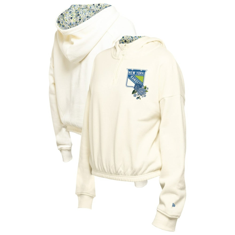 New York Rangers New Era Women's Glam Game Quarter-Zip Cropped Floral Hoodie Pullover - Cream - NHL 201889092