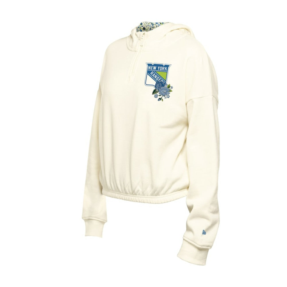 New York Rangers New Era Women's Glam Game Quarter-Zip Cropped Floral Hoodie Pullover - Cream - NHL 201889092