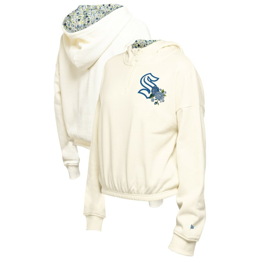 Seattle Kraken New Era Women's Glam Game Quarter-Zip Cropped Floral Hoodie Pullover - Cream - NHL 201889102
