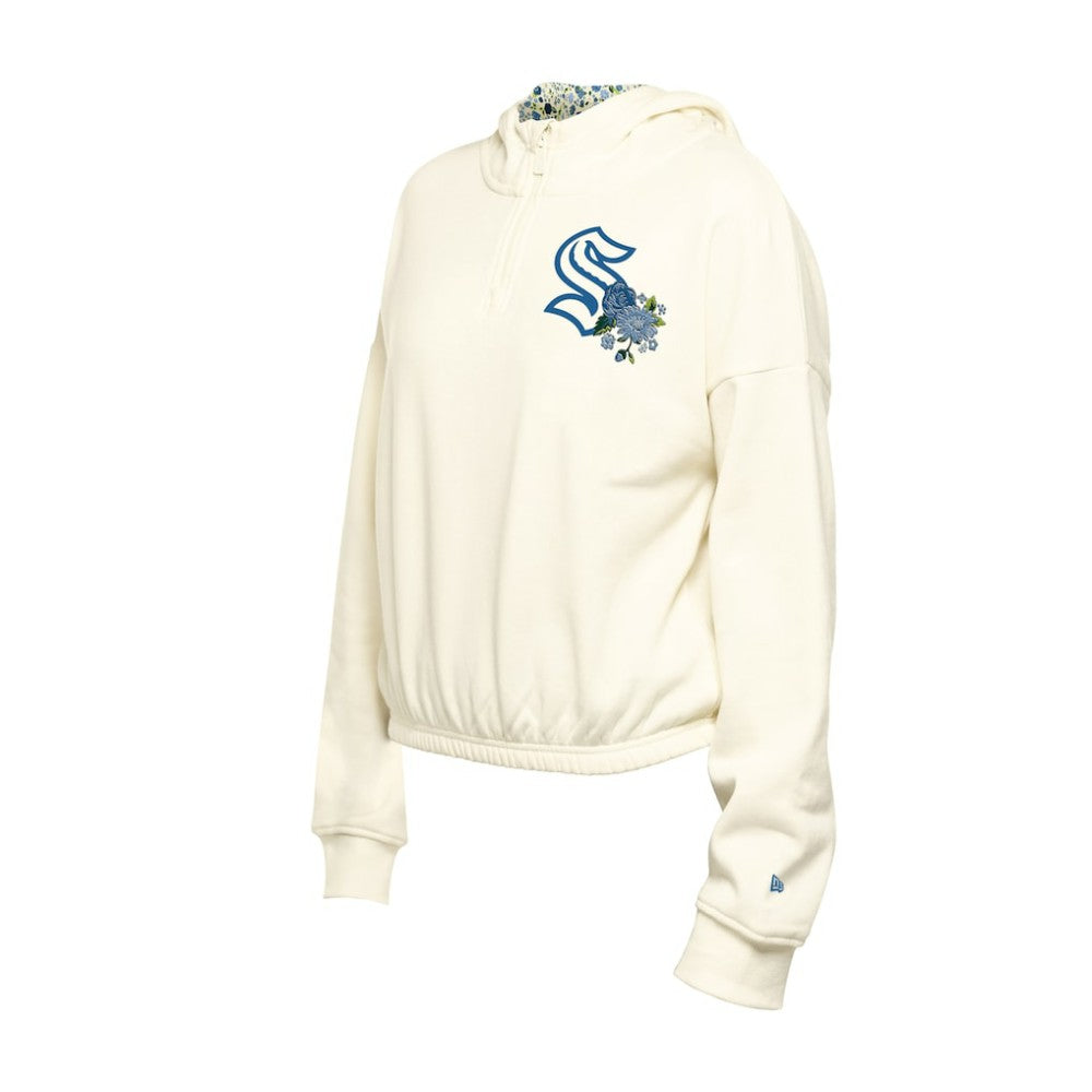 Seattle Kraken New Era Women's Glam Game Quarter-Zip Cropped Floral Hoodie Pullover - Cream - NHL 201889102