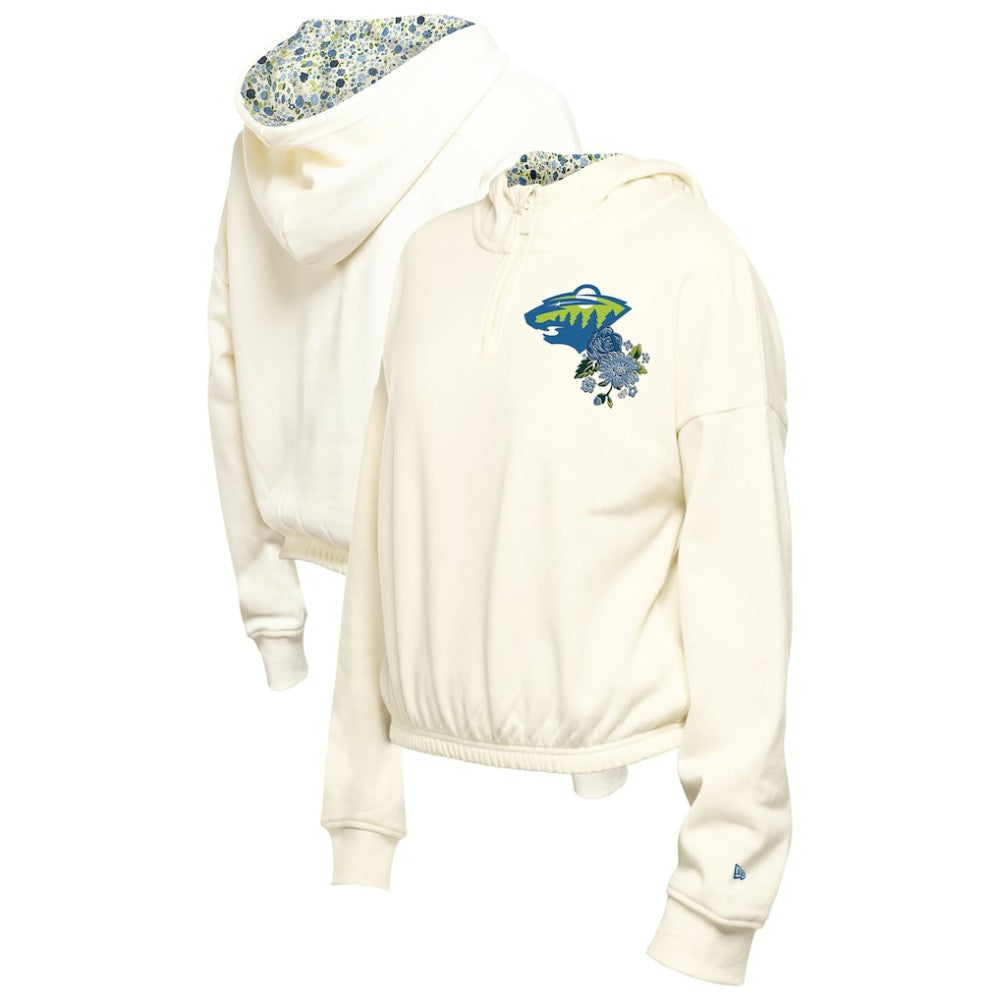 Minnesota Wild New Era Women's Glam Game Quarter-Zip Cropped Floral Hoodie Pullover - Cream - NHL 201889108