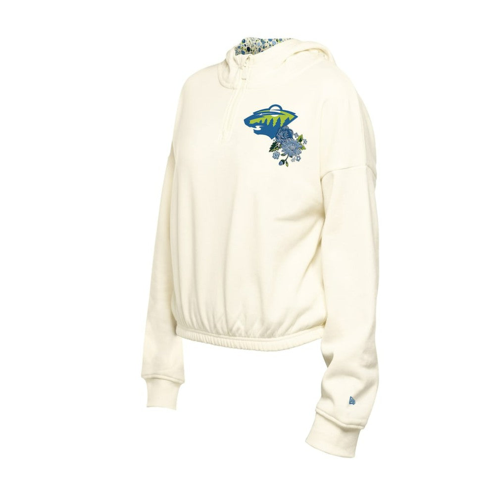 Minnesota Wild New Era Women's Glam Game Quarter-Zip Cropped Floral Hoodie Pullover - Cream - NHL 201889108