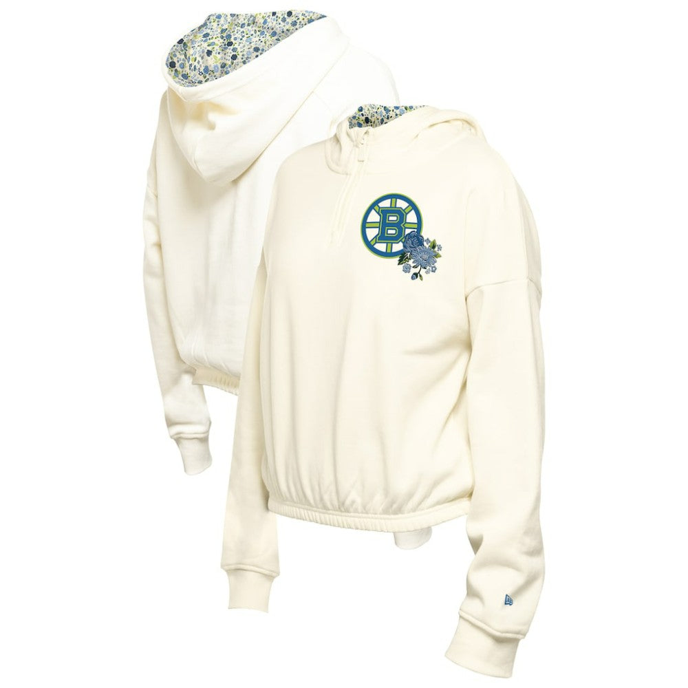 Boston Bruins New Era Women's Glam Game Quarter-Zip Cropped Floral Hoodie Pullover - Cream - NHL 201889113
