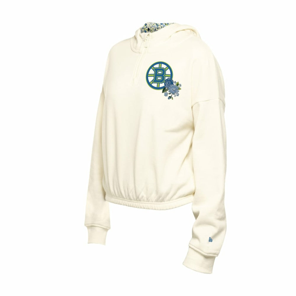 Boston Bruins New Era Women's Glam Game Quarter-Zip Cropped Floral Hoodie Pullover - Cream - NHL 201889113