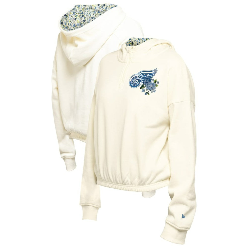 Detroit Red Wings New Era Women's Glam Game Quarter-Zip Cropped Floral Hoodie Pullover - Cream - NHL 201889116