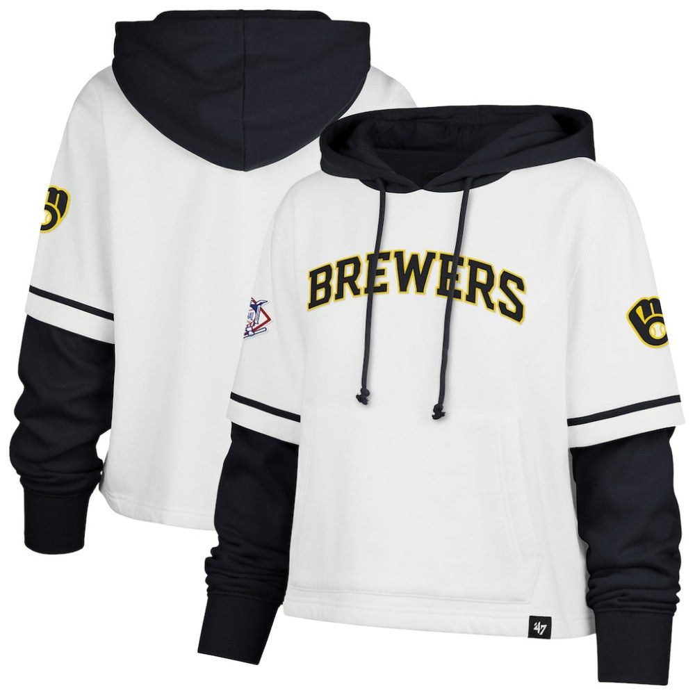 Milwaukee Brewers '47 Women's Trifecta Shortstop Cropped Pullover Hoodie - White - 47 brand Lifestyle