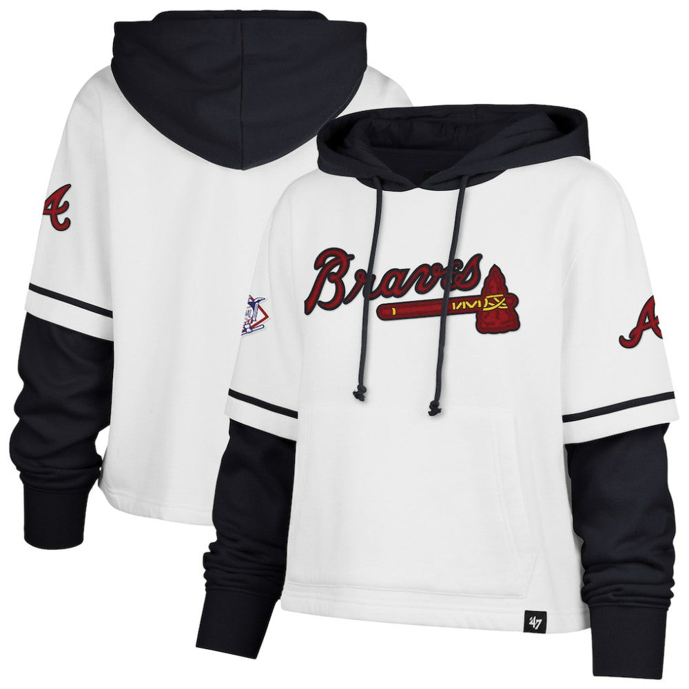 Atlanta Braves '47 Women's Trifecta Shortstop Cropped Pullover Hoodie - White - 47 brand Discount