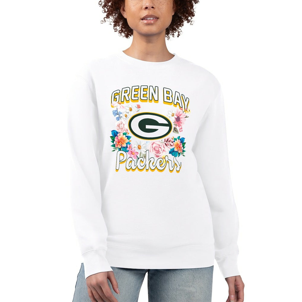 Green Bay Packers G-III 4Her by Carl Banks Women's Flower Logo Graphic Fleece Pullover Sweatshirt White