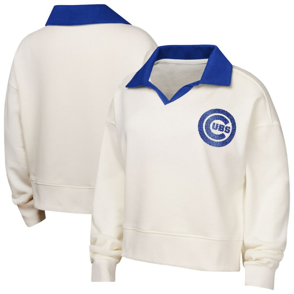 Chicago Cubs Girls Youth Ballpark Hit Collared V-Neck Pullover Sweatshirt - White - MLB Lifestyle