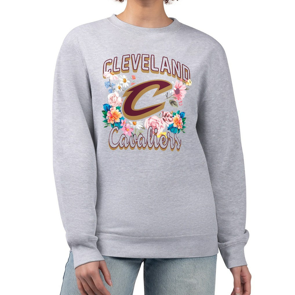 Cleveland Cavaliers G-III 4Her by Carl Banks Women's Flowers Team Logo Graphic Fleece Crewneck Pullover Sweatshirt Heather Gray
