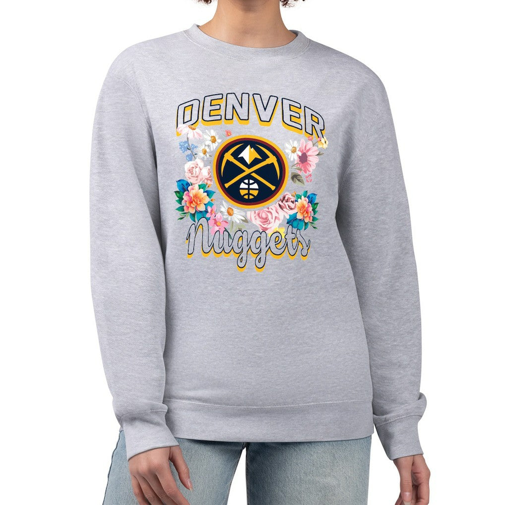 Denver Nuggets G-III 4Her by Carl Banks Women's Flowers Team Logo Graphic Fleece Crewneck Pullover Sweatshirt Heather Gray