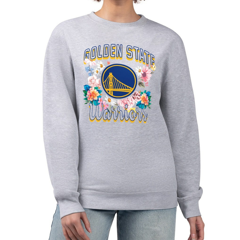 Golden State Warriors G-III 4Her by Carl Banks Women's Flowers Team Logo Graphic Fleece Crewneck Pullover Sweatshirt Heather Gray