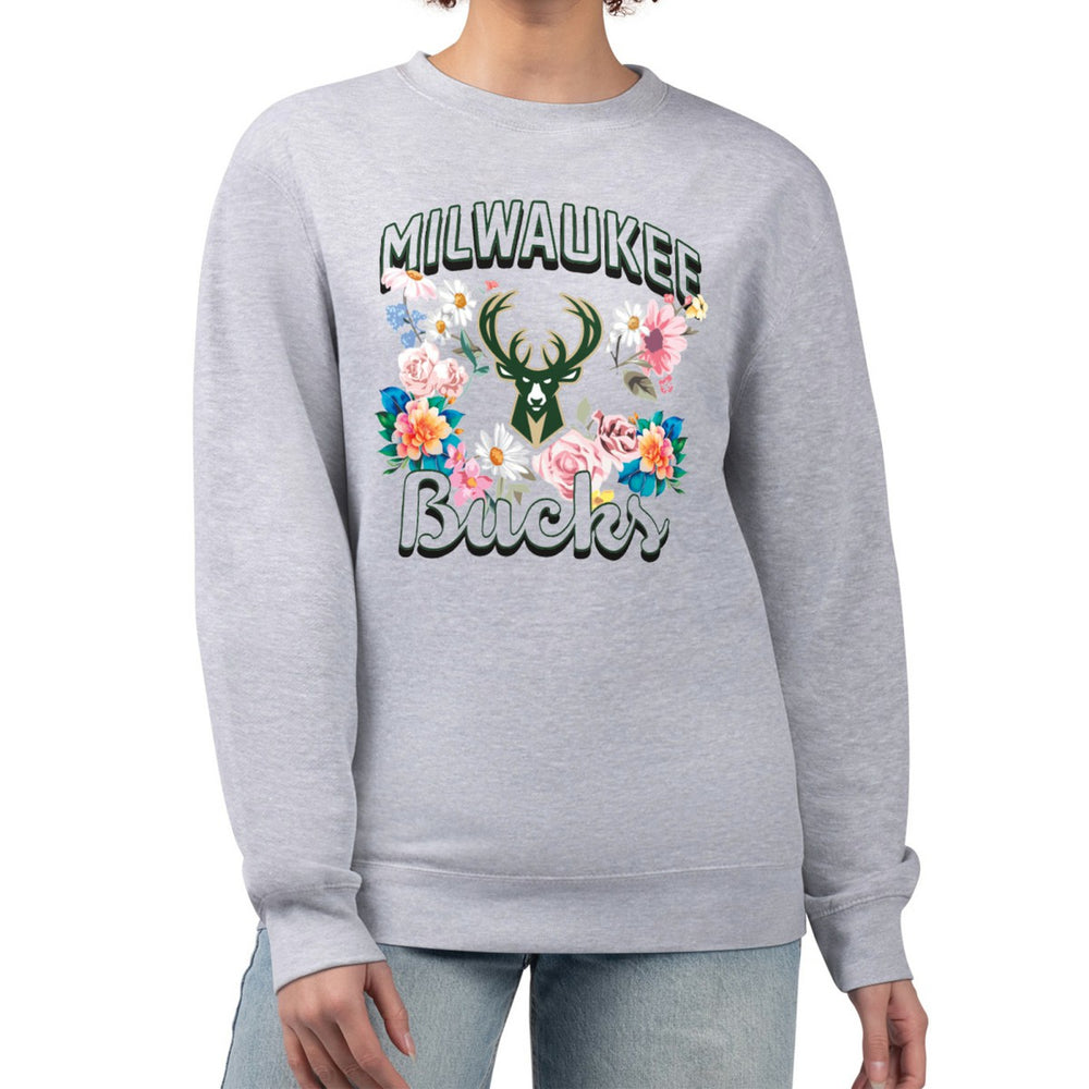 Milwaukee Bucks G-III 4Her by Carl Banks Women's Flowers Team Logo Graphic Fleece Crewneck Pullover Sweatshirt Heather Gray