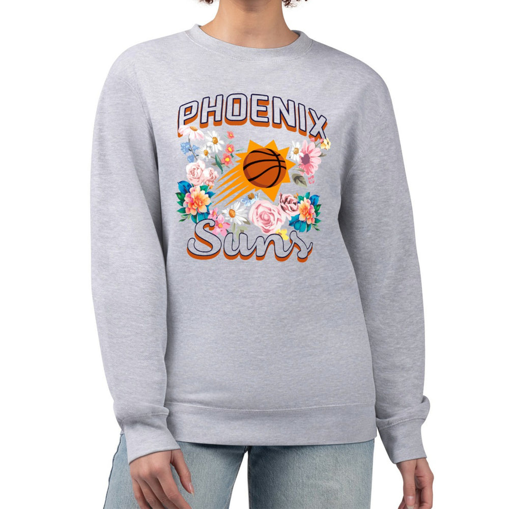 Phoenix Suns G-III 4Her by Carl Banks Women's Flowers Team Logo Graphic Fleece Crewneck Pullover Sweatshirt Heather Gray