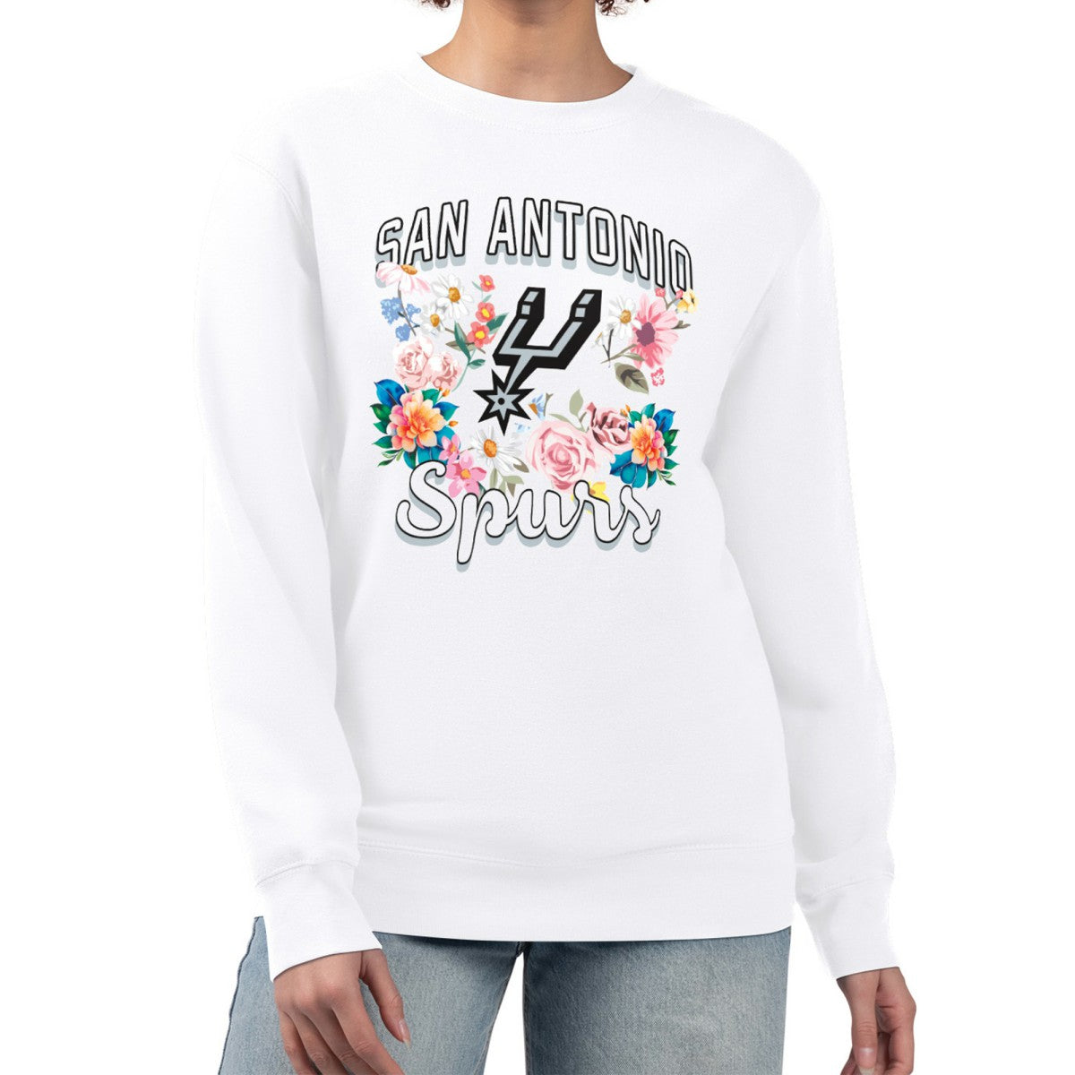 San Antonio Spurs G-III 4Her by Carl Banks Women's Flowers Team Logo Graphic Fleece Crewneck Pullover Sweatshirt White