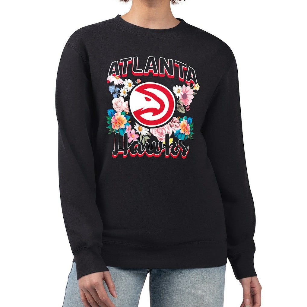 Atlanta Hawks G-III 4Her by Carl Banks Women's Flowers Team Logo Graphic Fleece Crewneck Pullover Sweatshirt Black