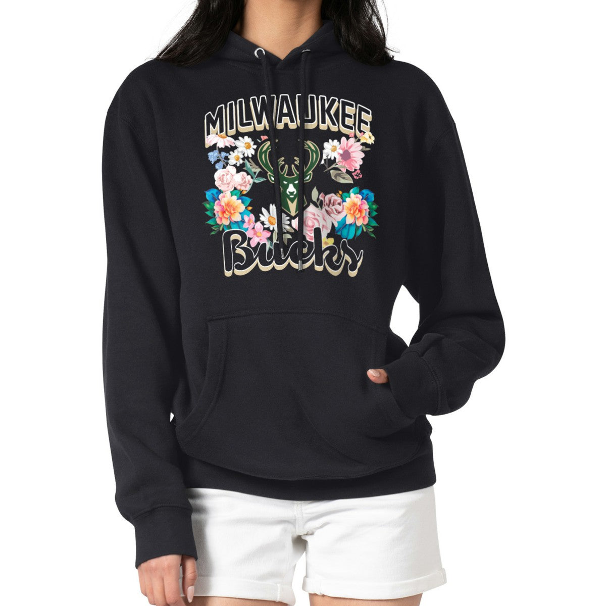Milwaukee Bucks G-III 4Her by Carl Banks Women's Flowers Team Logo Graphic Fleece Pullover Hoodie Black