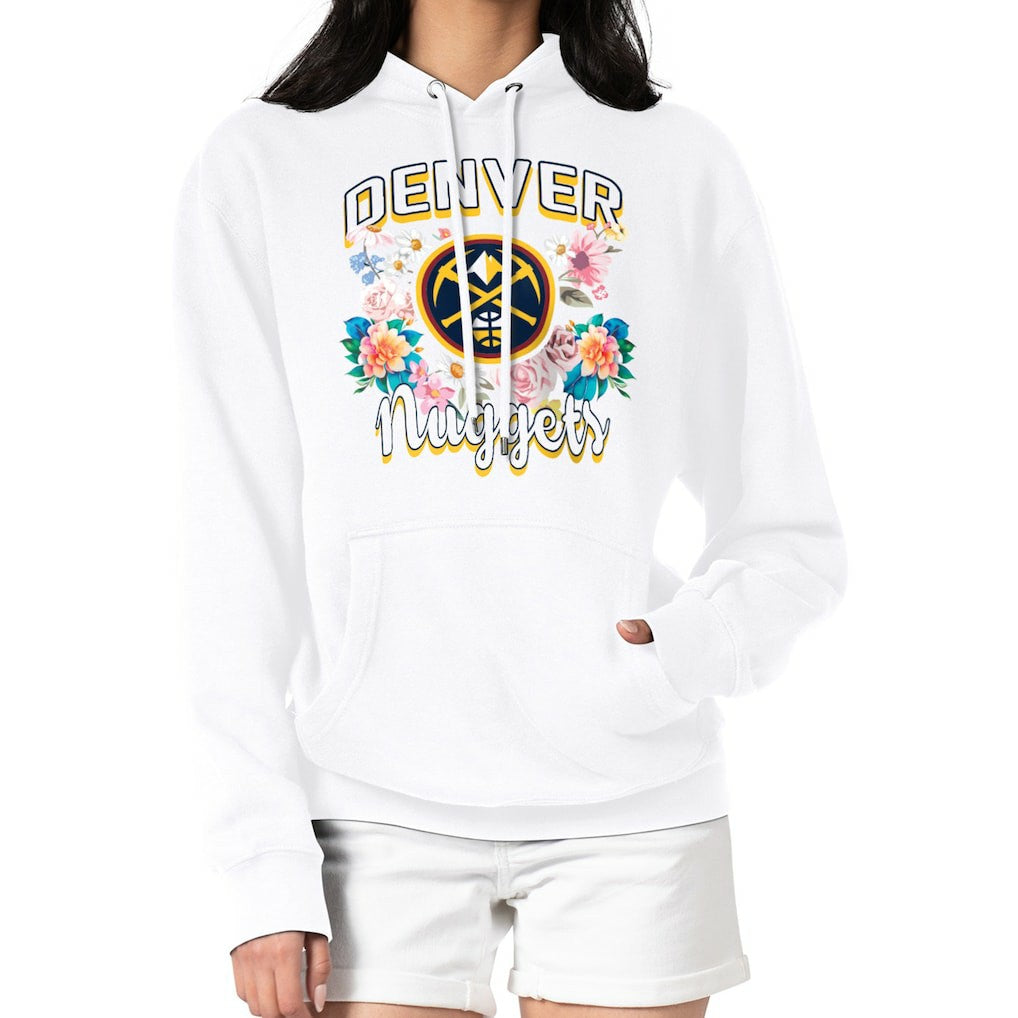 Denver Nuggets G-III 4Her by Carl Banks Women's Flowers Team Logo Graphic Fleece Pullover Hoodie White