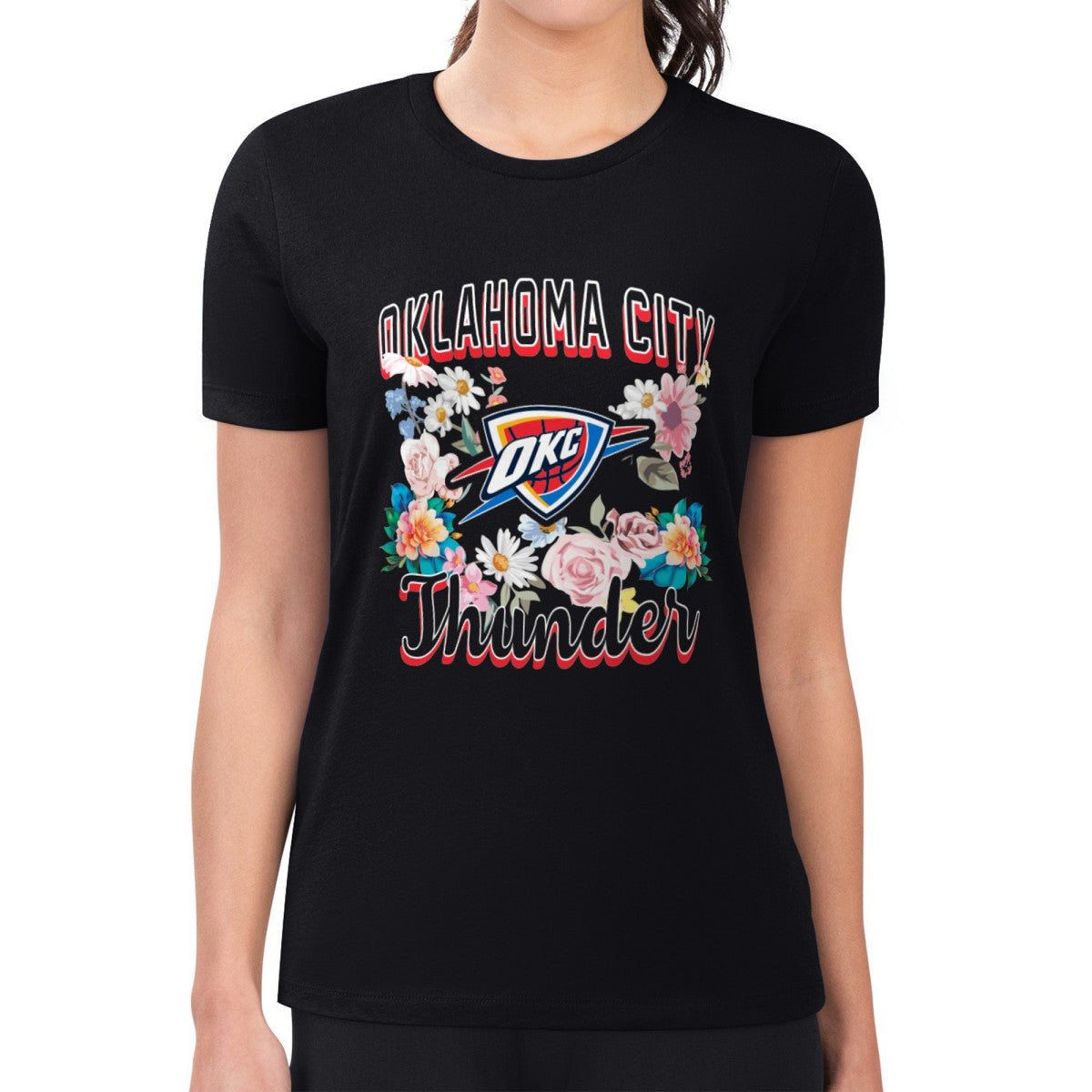 Oklahoma City Thunder G-III 4Her by Carl Banks Women's Super-Slim Fit Lightweight Flowers Team Logo Graphic T-Shirt Black
