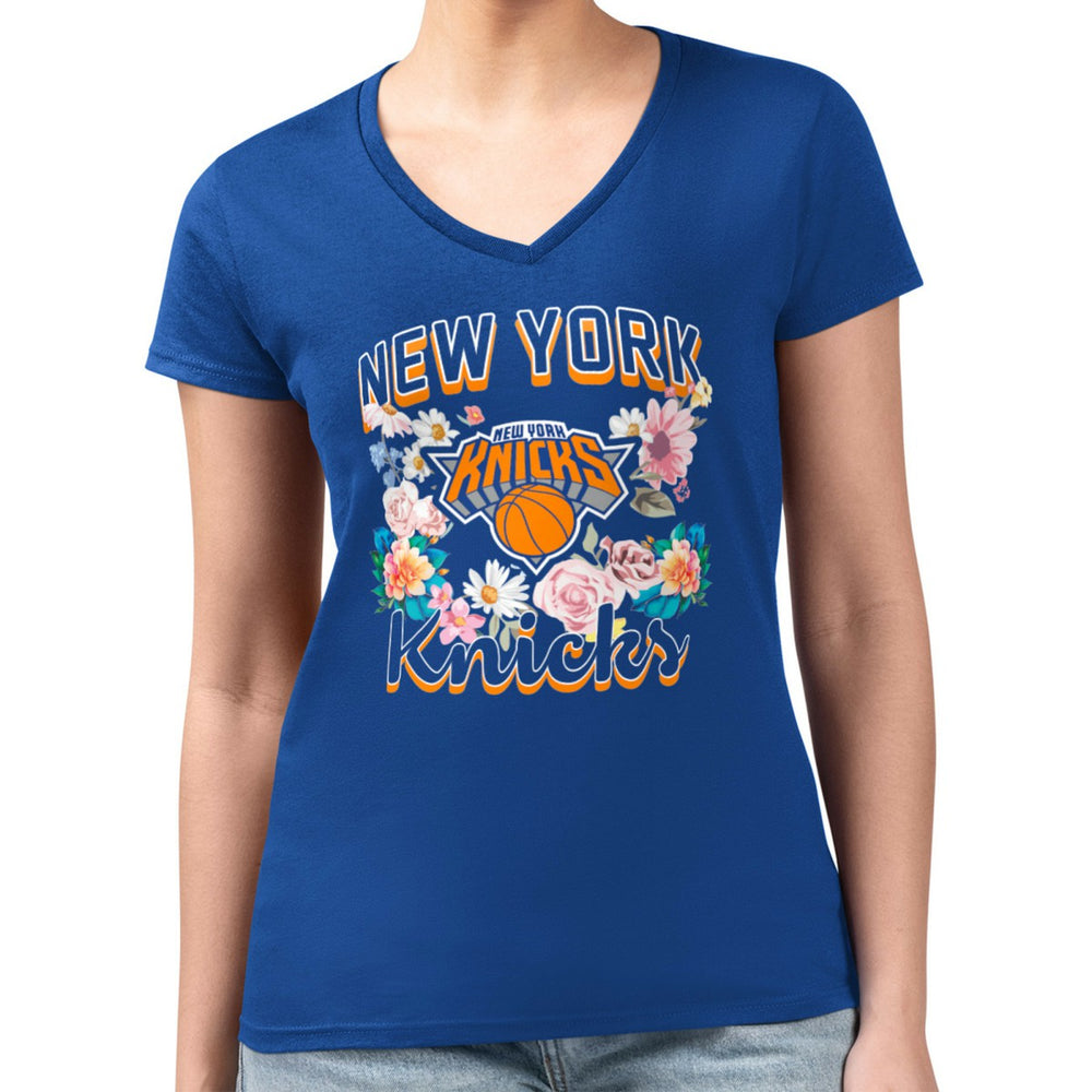 New York Knicks G-III 4Her by Carl Banks Women's Super-Slim Fit Lightweight Flowers Team Logo Graphic V-Neck T-Shirt Blue