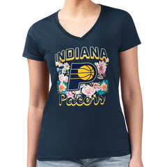 Indiana Pacers G-III 4Her by Carl Banks Women's Super-Slim Fit Lightweight Flowers Team Logo Graphic V-Neck T-Shirt Navy