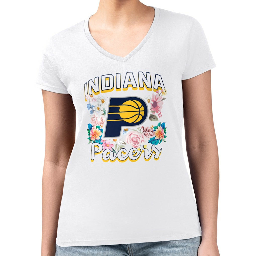 Indiana Pacers G-III 4Her by Carl Banks Women's Super-Slim Fit Lightweight Flowers Team Logo Graphic V-Neck T-Shirt White