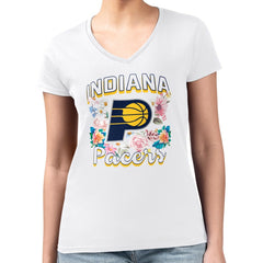 Indiana Pacers G-III 4Her by Carl Banks Women's Super-Slim Fit Lightweight Flowers Team Logo Graphic V-Neck T-Shirt White