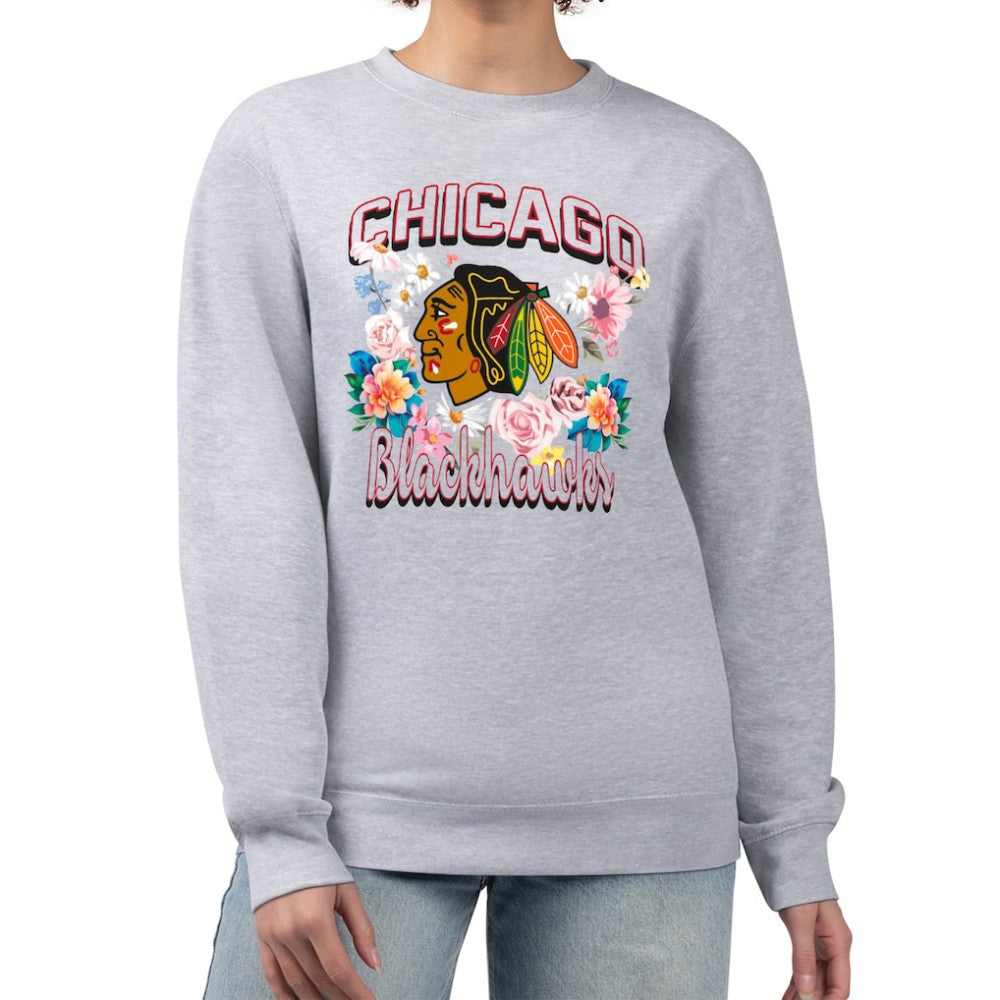 Chicago Blackhawks G-III 4Her by Carl Banks Women's Flower Logo Pullover Sweatshirt - Heather Gray - NHL 201906082