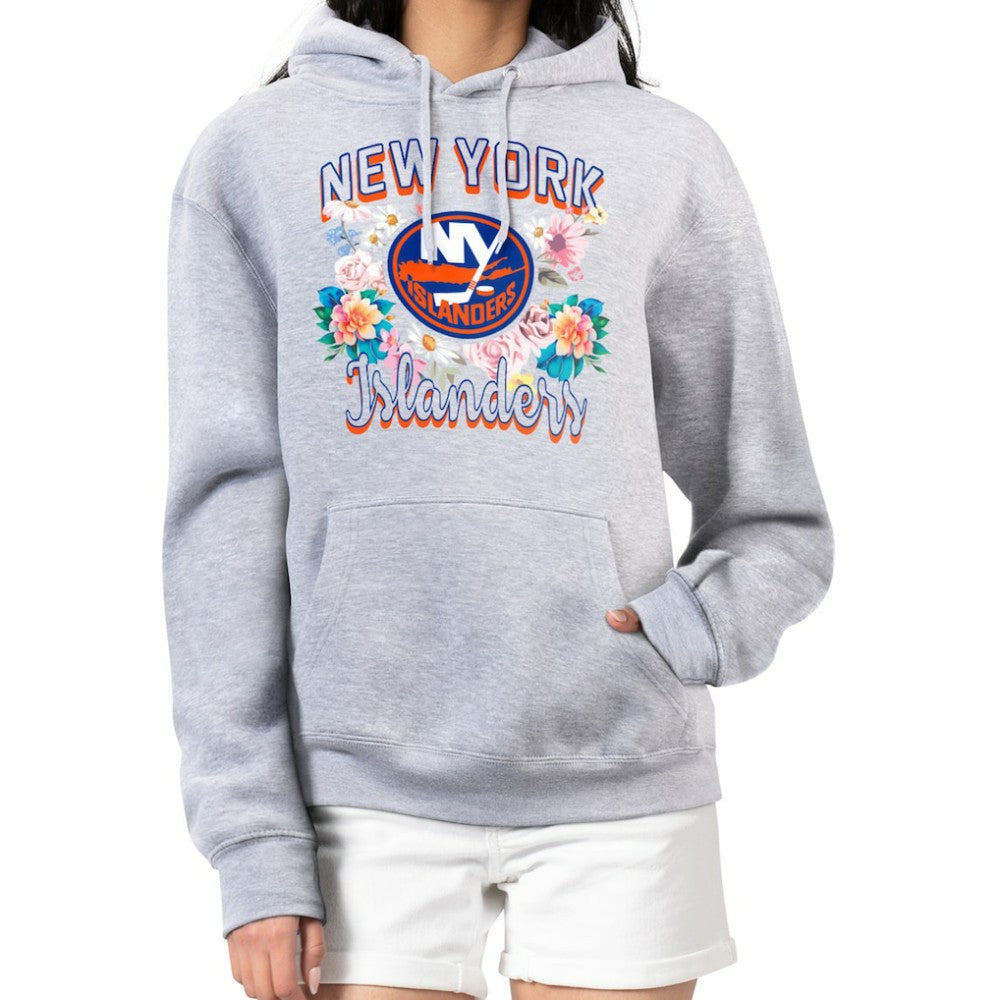 New York Islanders G-III 4Her by Carl Banks Women's Flower Logo Pullover Hoodie - Heather Gray - NHL 201906144