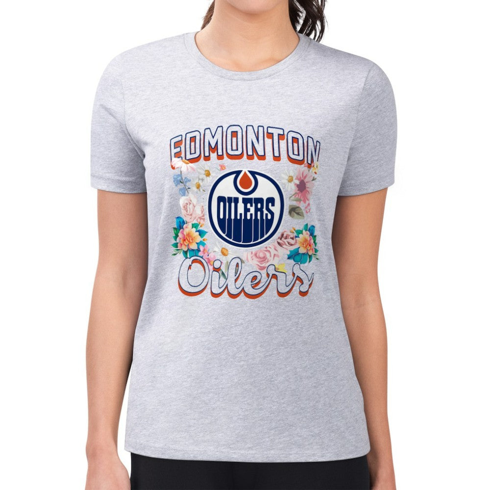 Edmonton Oilers G-III 4Her by Carl Banks Women's Super-Slim Fit Lightweight Flower Logo T-Shirt - Heather Gray - NHL 201906219