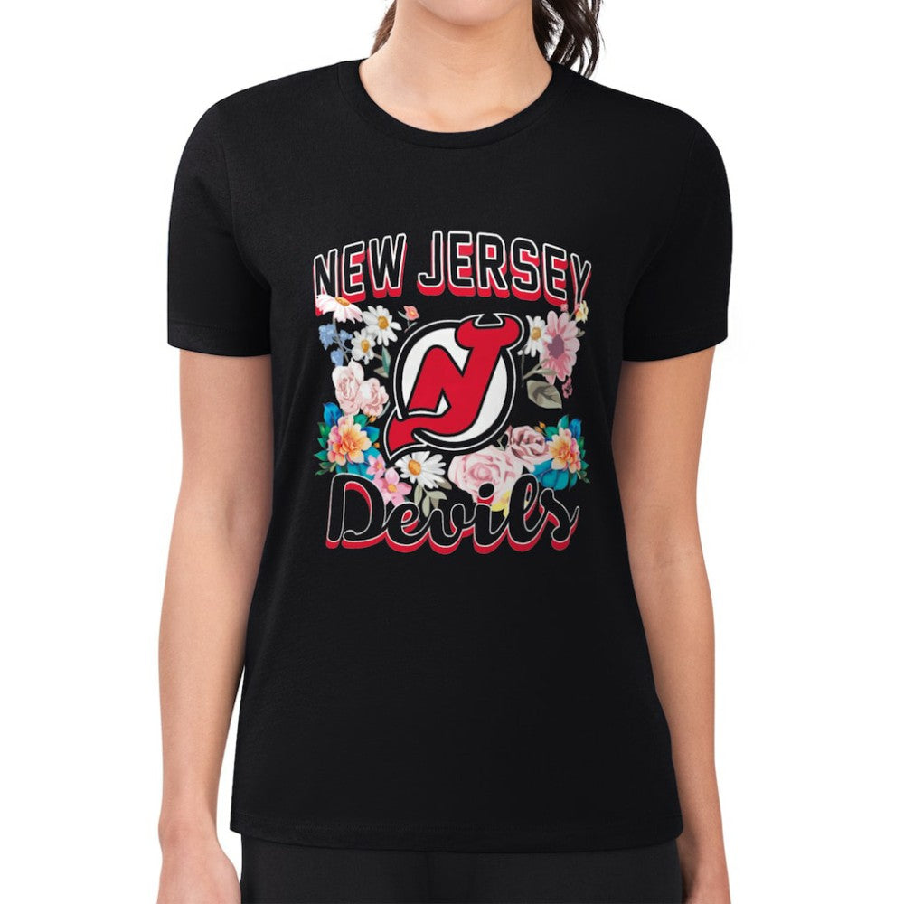 New Jersey Devils G-III 4Her by Carl Banks Women's Super-Slim Fit Lightweight Flower Logo T-Shirt - Black - NHL 201906235
