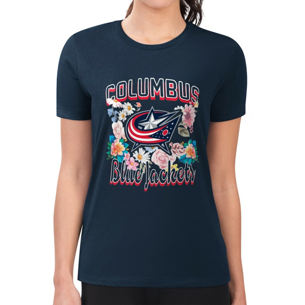 Columbus Blue Jackets G-III 4Her by Carl Banks Women's Super-Slim Fit Lightweight Flower Logo T-Shirt - Navy - NHL 201906265