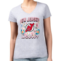 New Jersey Devils G-III 4Her by Carl Banks Women's Super-Slim Fit Lightweight Flower Logo V-Neck T-Shirt - Heather Gray - NHL 201906322