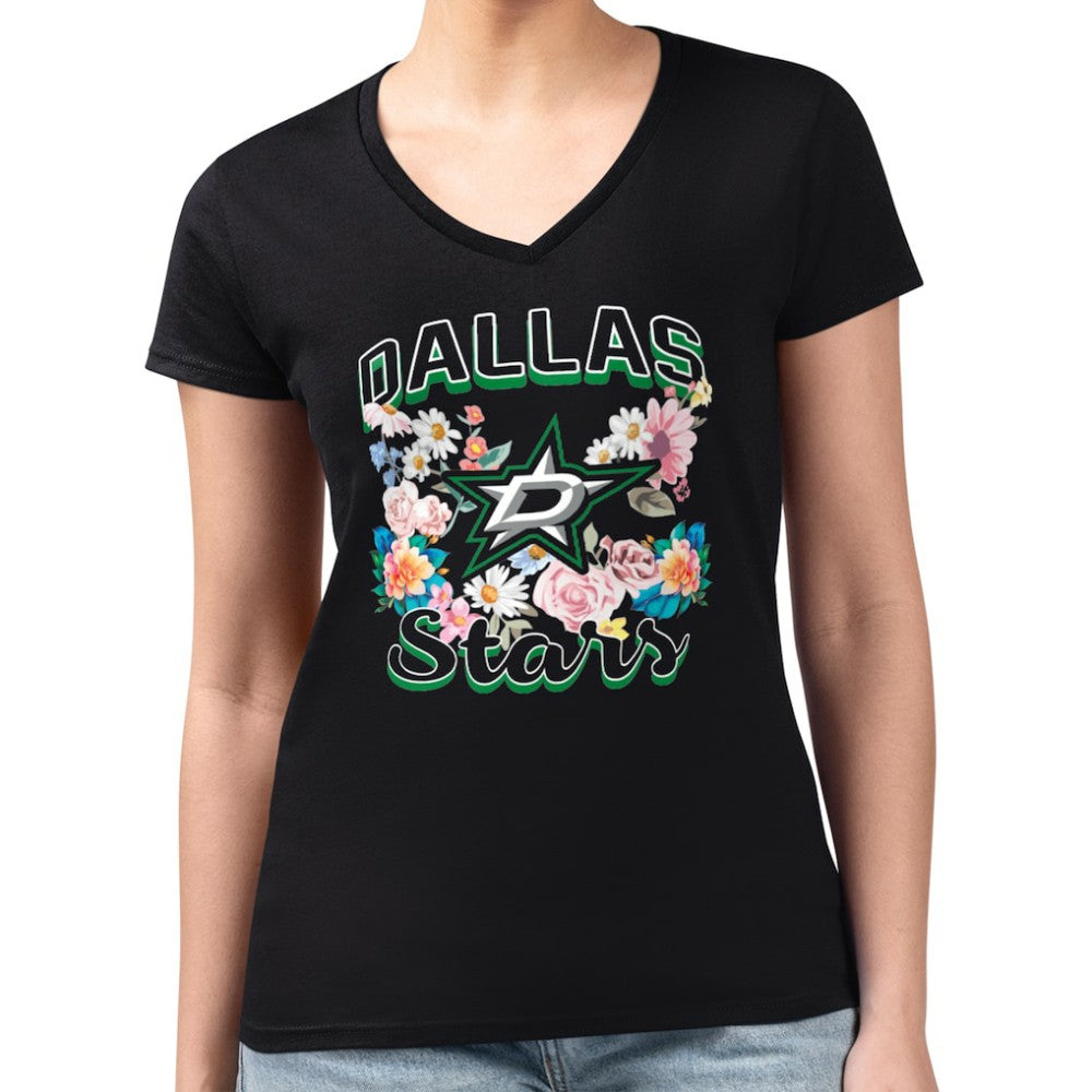 Dallas Stars G-III 4Her by Carl Banks Women's Super-Slim Fit Lightweight Flower Logo V-Neck T-Shirt - Black - NHL 201906335