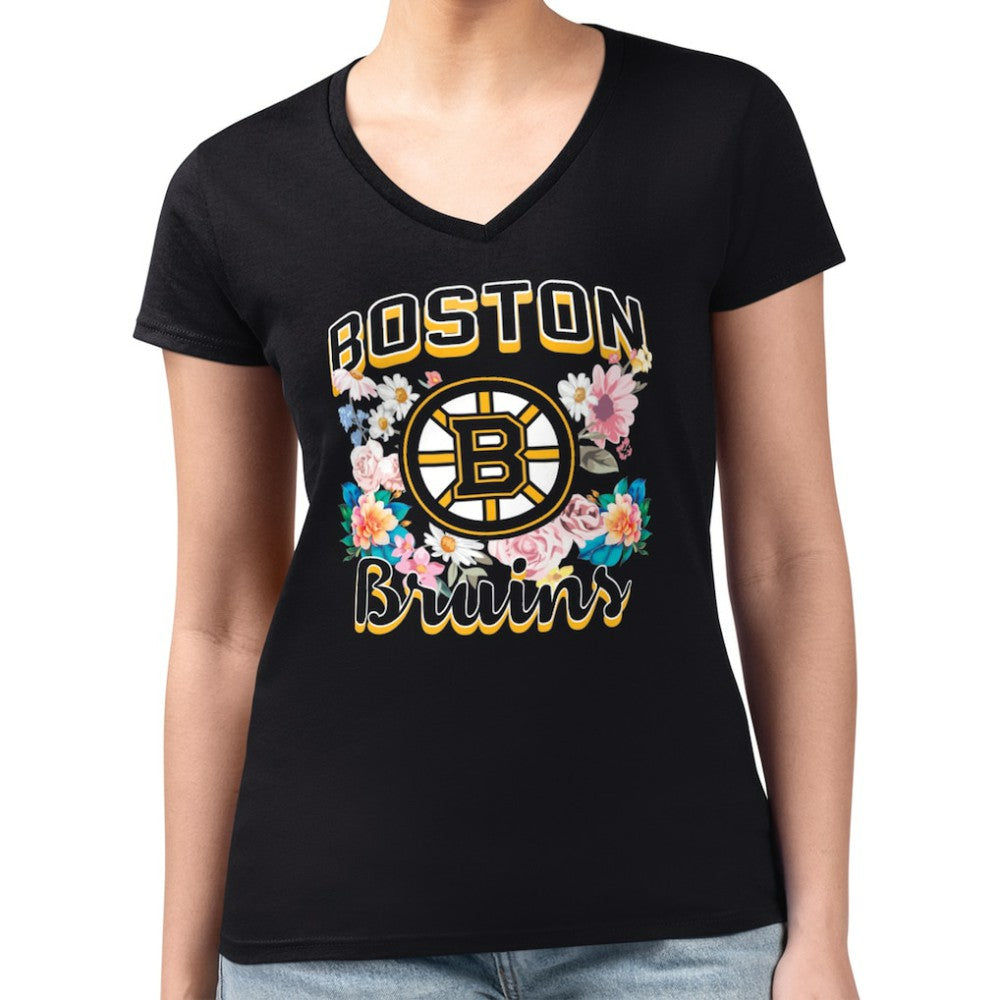 Boston Bruins G-III 4Her by Carl Banks Women's Super-Slim Fit Lightweight Flower Logo V-Neck T-Shirt - Black - NHL 201906339