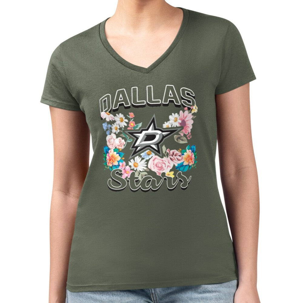Dallas Stars G-III 4Her by Carl Banks Women's Super-Slim Fit Lightweight Flower Logo V-Neck T-Shirt - Green - NHL 201906341