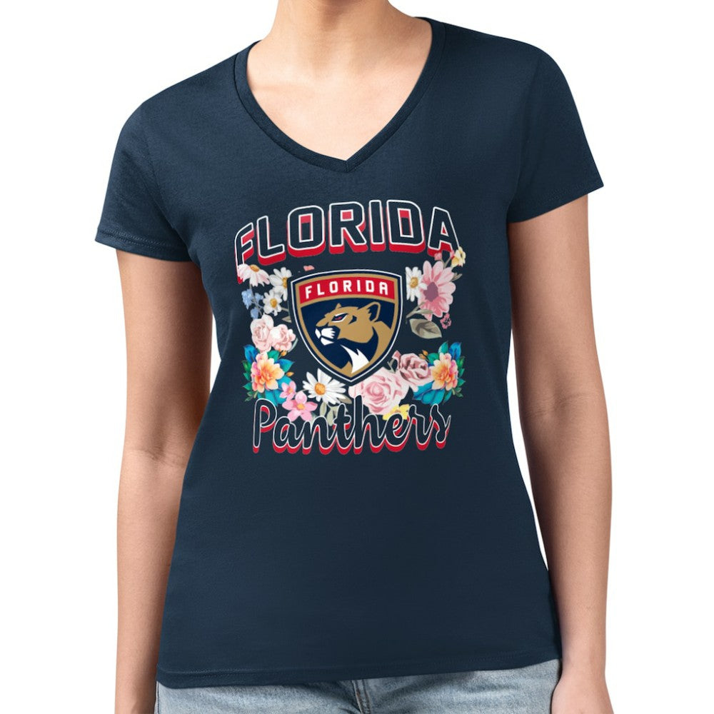 Florida Panthers G-III 4Her by Carl Banks Women's Super-Slim Fit Lightweight Flower Logo V-Neck T-Shirt - Navy - NHL 201906347