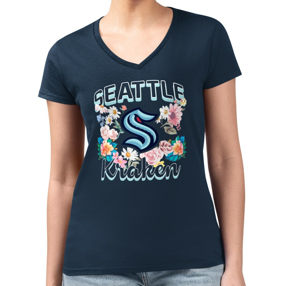 Seattle Kraken G-III 4Her by Carl Banks Women's Super-Slim Fit Lightweight Flower Logo V-Neck T-Shirt - Navy - NHL 201906351