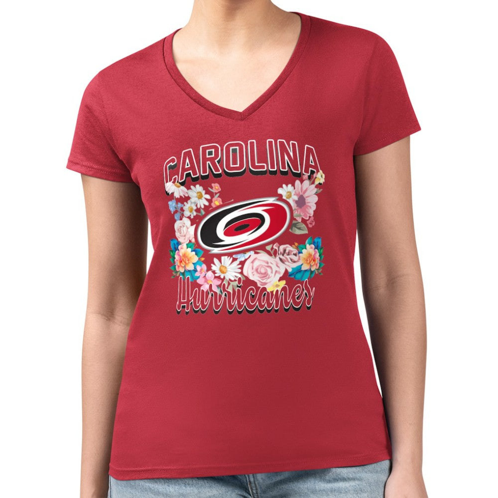 Carolina Hurricanes G-III 4Her by Carl Banks Women's Super-Slim Fit Lightweight Flower Logo V-Neck T-Shirt - Red - NHL 201906381