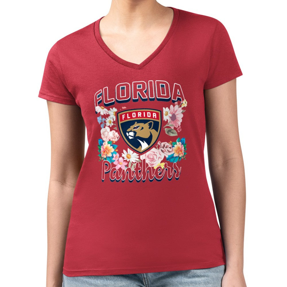 Florida Panthers G-III 4Her by Carl Banks Women's Super-Slim Fit Lightweight Flower Logo V-Neck T-Shirt - Red - NHL 201906387