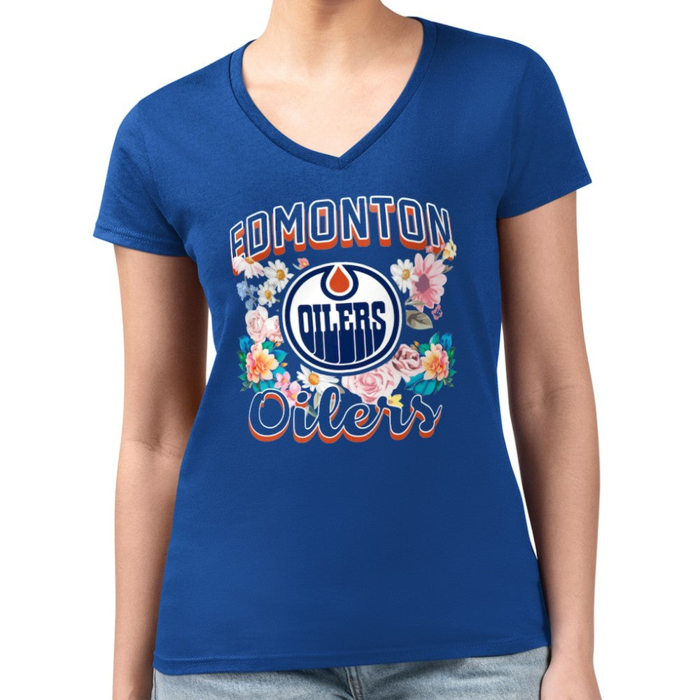 Edmonton Oilers G-III 4Her by Carl Banks Women's Super-Slim Fit Lightweight Flower Logo V-Neck T-Shirt - Royal - NHL 201906408