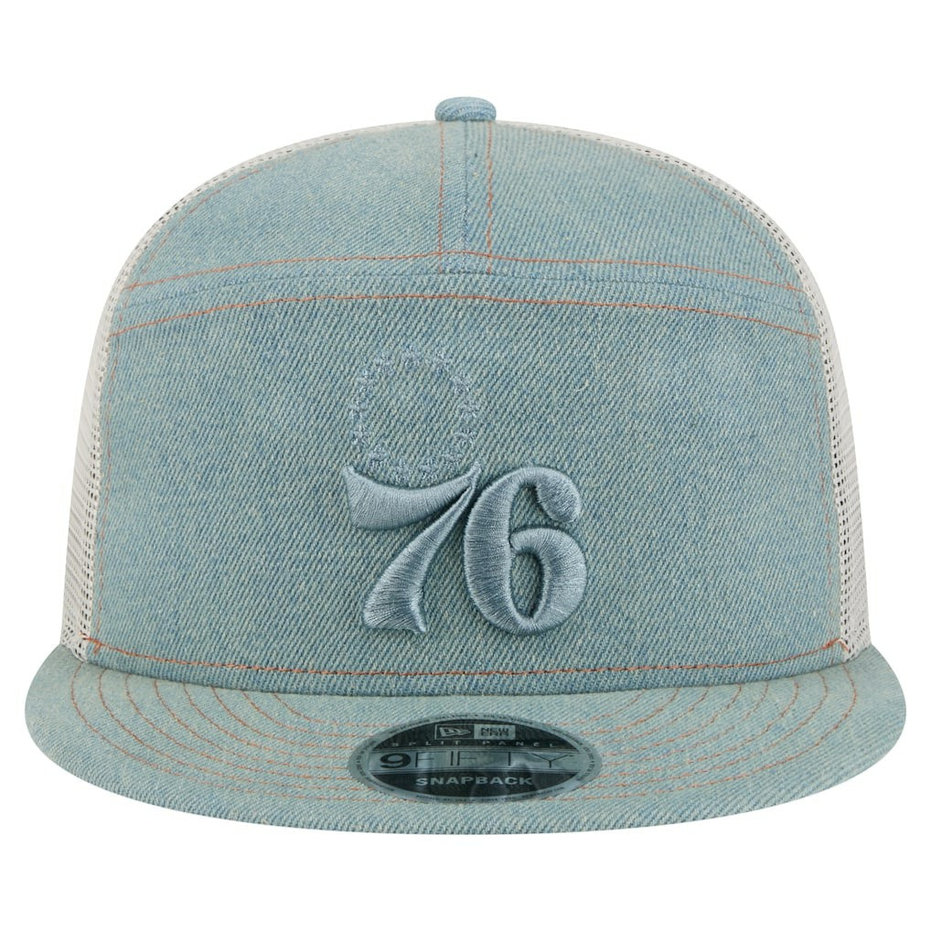 Philadelphia 76ers Adventure Denim Split Panel 9FIFTY Snapback Trucker Hat | New Era Near Me