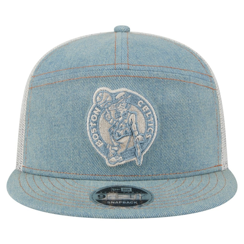Boston Celtics Adventure Denim Split Panel 9FIFTY Snapback Trucker Hat | New Era discount