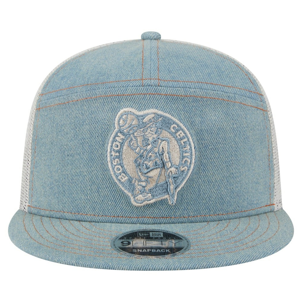 Boston Celtics Adventure Denim Split Panel 9FIFTY Snapback Trucker Hat | New Era discount