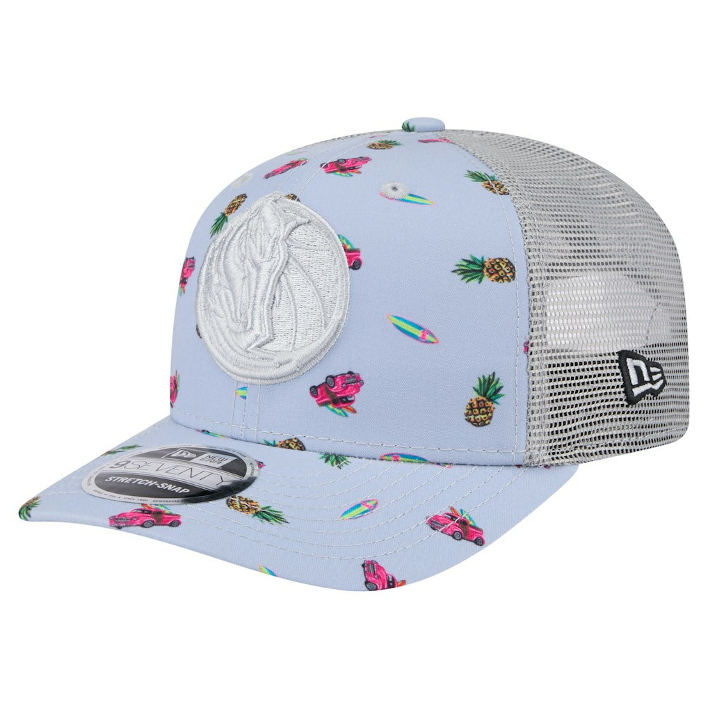 Dallas Mavericks Adventure Aloha Pattern 9SEVENTY Stretch-Snap Hat for sale Light Blue/Gray | New Era Lifestyle