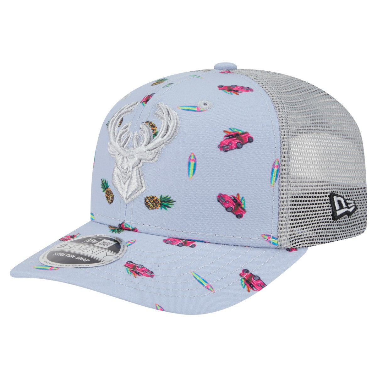 Milwaukee Bucks Adventure Aloha Pattern 9SEVENTY Stretch-Snap Hat Light Blue/Gray | New Era US