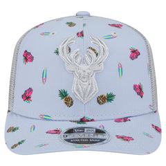 Milwaukee Bucks Adventure Aloha Pattern 9SEVENTY Stretch-Snap Hat Light Blue/Gray | New Era US