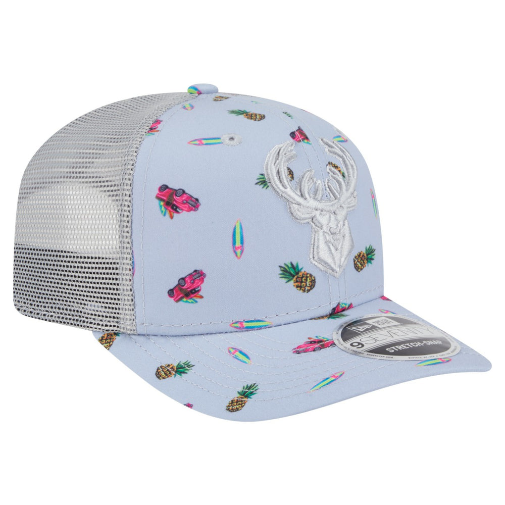 Milwaukee Bucks Adventure Aloha Pattern 9SEVENTY Stretch-Snap Hat Light Blue/Gray | New Era US