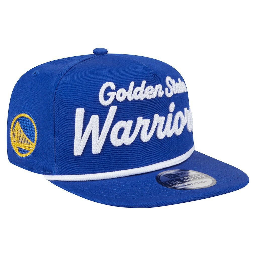 Golden State Warriors Team Text Golfer Snapback Hat for sale Royal | New Era Near Me